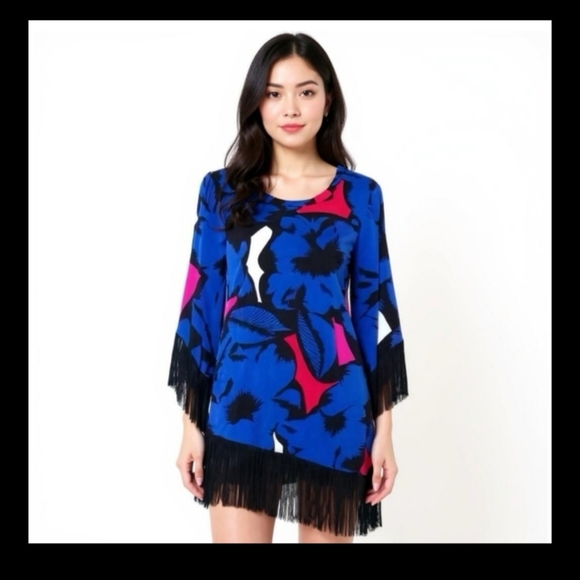 Carmen Marc Valvo Dresses & Skirts - CARMEN blue black and red fringed abstract print tunic dress Small